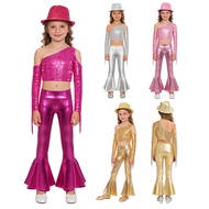 Fldy Children's Girls 60s 70S Disco Outfits Sequins Jazz Modern Dancewear Kids Performance Sets Hipp
