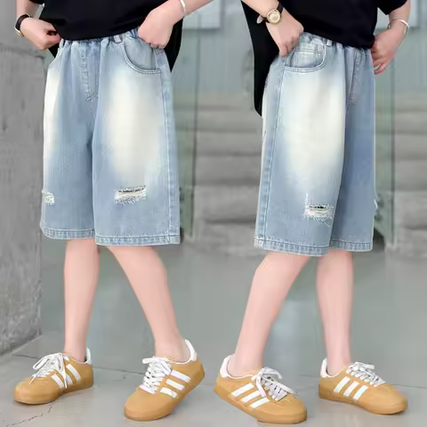 Brief Style Kids Summer Knee Length Ripped Denim Shorts for Tweens Girls Fashion Casual Jeans Capris