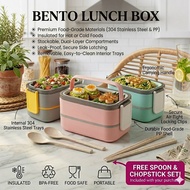 SD 304 Stainless Steel Lunch Box Free Thermal Bag/plastic Double Layer Spoon Chopstick Bento Bekal M