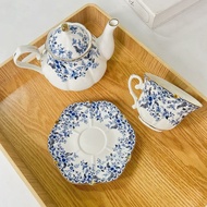 Cawan Set Indah Piring Cawan Kopi Gaya Eropah Heksagon Biru dan Putih Manik Emas Retro Teh Petang Ga