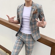 [Saiz ukuran besar] lelaki nipis musim panas lelaki yang ditarik pendek tiga suku lengan plaid jaket