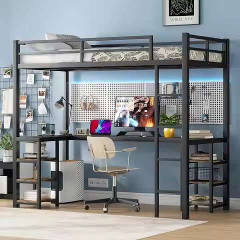 Twin XL Metal Loft Bed with Built-in Desk & Shelves Ladder Guardrails Kids Teen Bedroom 80in Long Cu
