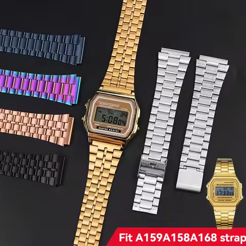 for Casio retro small square A159W-N1 A158WA A168 f91w AE1200 1300 metal stainless steel small gold 