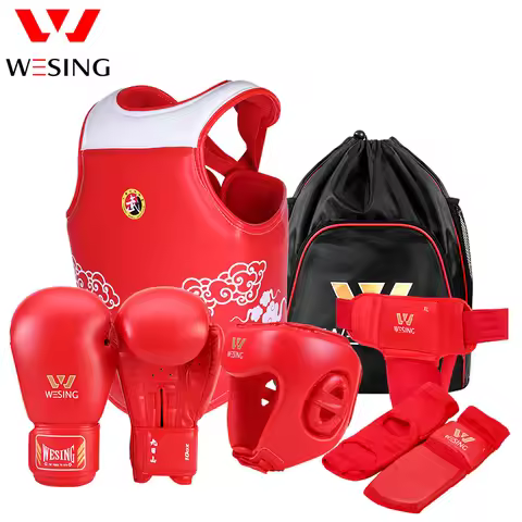WESING 6 Pcs Martial Arts Wushu Sanda Protective Gears Men Women Head Guard Chest Protection Gloves 