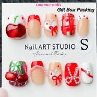 Handmade, Press On Nails Short, Red Square Nails, NS & American Style Nails, 10PCS Pure Hand Drawn N