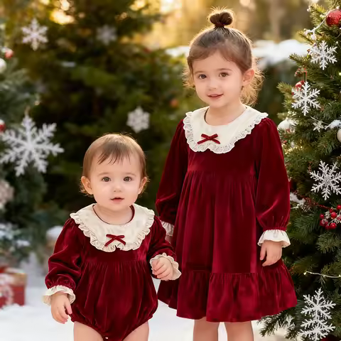 New Christmas Kids Party Bow Red Clothes Twins Sisters Dress Baby Bodysuits Sisters Girls Princess D