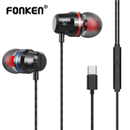 Fonken Headphone Type C Metal Bass Earbuds Smart Tuning Band Mic Earbuds Headphones Wired Stereo Mus