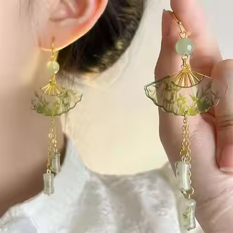 Chinese Style Fan Shaped Acrylic Transparent Earrings With Green Bamboo Tassels Earrings For Women A