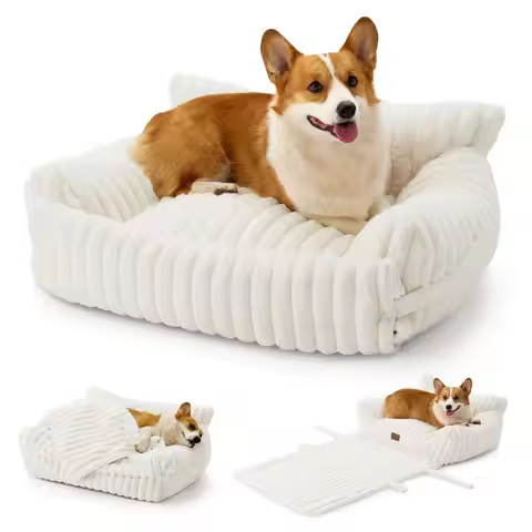 Cat Bed with Removable Cover, Multifunctional Plush Faux Fur Pet Couch Bed with Blanket, UltraSoft P
