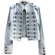 Women's Blue Rivet Loose Denim Jacket, Pure Cotton Western Washed Denim Fabric Jacket Short Style 20