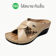 SSS NANA1 รองเท้าสุขภาพผู้หญิง แบบสวม ส้นเตารีด  สูง 2.5 นิ้ว หนังนิ่ม พื้นนุ่ม เบา ใส่สบาย กันลื่น เหมาะเป็นของขวัญให้คุณแม่  (36-41) (ดำ/ครีม)