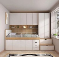 定制半高床  實木半高床  solid wood half-height bed 床架 Bed frame 奶油原木風   衣櫃 wardrobe 梯櫃  staircase cabinet 衣櫃一體