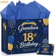 Grandson 18th Birthday Gift Bag Set Navy Blue Gold Balloon Print Gift Tote Bag With Matching Greetin