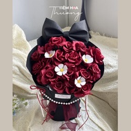 Bouquet of Red Tone Wax Roses on Black Paper with Luxurious Bow, High Quality Scented Wax Flowers, M