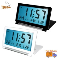Travel Alarm Clock With Night Light Portable Battery Operated Foldable LCD Digital Alarm Clock With Date Temperature 12/24 H Snooze Mode
