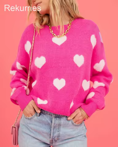 Women's Hot Pink Knit Sweater Heart Pattern Crew Neck Long Sleeve Casual Pullover Fuzzy Heart Patter