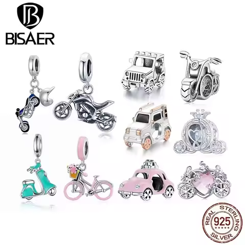 BISAER 925 Sterling Silver Jeep Car Charm Bead Vintage Motorcycle Bicycle Enamel Pendant For Women D
