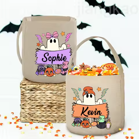 Personalized Trick or Treat Bag Custom Name Candy Bucket Bag Halloween Party Ghost Tote Bags Portabl
