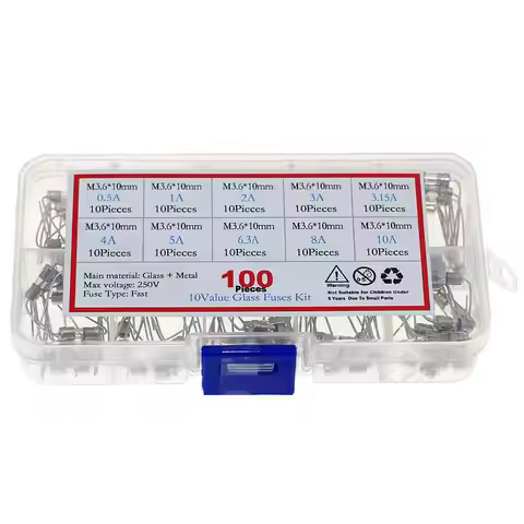 100pcs 10Kind x 10pcs 3.6*10mm 250V Double Iron Cap Axial Slow Glass Fuse With Lead Wire 0.5A 1A 2A 