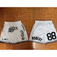 WHITE AND BLACK JERSEY SHORTS WITH ALL PATCHES EMBROIDERED DESIGN