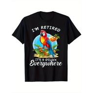 HSY Mens Cotton T-Shirt - Im Retired Its 5 OClock Everywhere Tropical Parrot & Cocktail Graphic, Bla