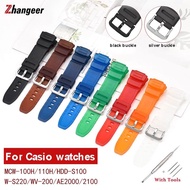 zhangeer Resin Watch Bands Fit For Casio MC W-100H W-S220 HDD-S100 Pin Buckle Replacement 16mm Men Women Sport Waterproof  TPU Bracelet Black Translucent Blue  Accessories with tools