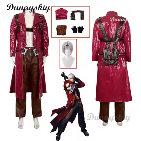 Dante Devil Cosplay May Costume Wig Red Long Poncho Jacket Cry 3 Pants Necklace Uniform Halloween Ca