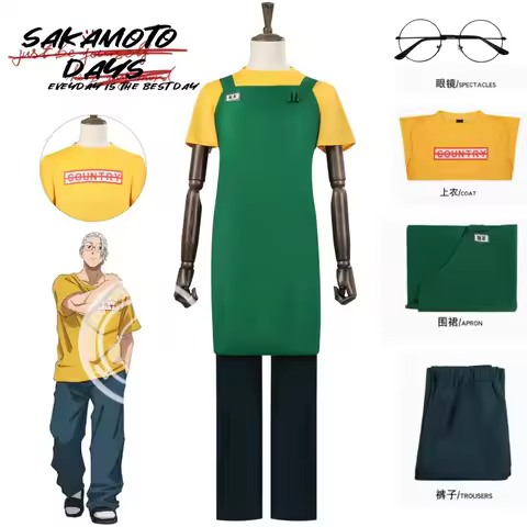 Anime SAKAMOTO DAYS Sakamoto Taro Cosplay Costume Yellow T-shirt Green Apron Glasses Pants full set