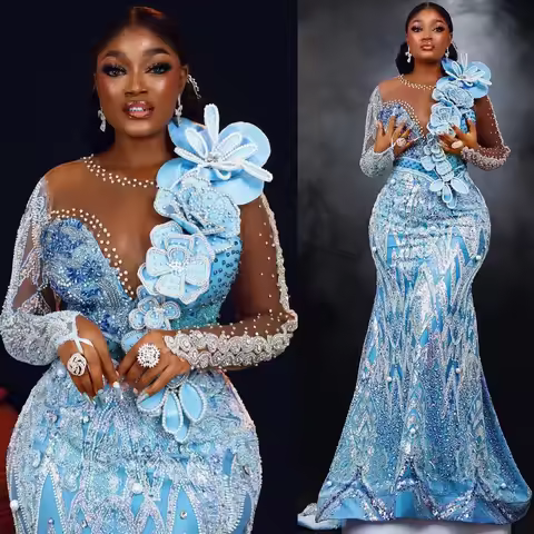 Customized 2024 Aso Ebi Sky Blue Mermaid Prom Dresses Beaded Sequined Evening Formal Party Second Bi