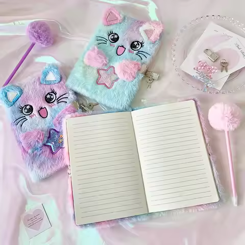 Cute Bear Notebook Colorful Plush Notebook Children'S Diary Soft Locked Notebook For Diary Travel Pe
