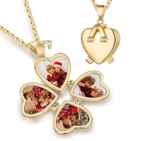 Personalized Gold Heart Locket Necklace for Women Holds 4 Photos Custom Picture Locket Necklace Vale