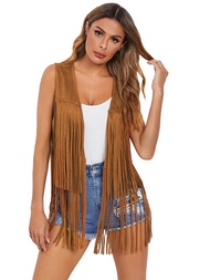 Women's Tassel Sleeveless Vest 70s Hippie Faux Suede Fringe Jacket Cardigan