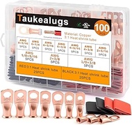 100PCS Battery Terminal Connectors Cable Ends,UL Listed AWG8-1/0 Crimp Copper Wire Ring lugs with 3: