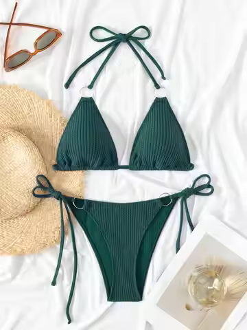 Summer dark green mature camisole bikini set for swimming and beach photo shoot for women