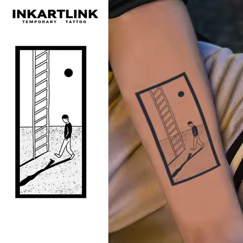 INKARTLINK Minimalist Ladder Tattoo Sticker 1-2 Weeks Long lasting Abstract Shadow Sun Moon Totem