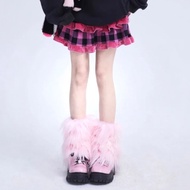 OXXGGKAO Women Harajuku Pink Faux Fur Leg Warmer Gothic Vintage Furry Plush Boot Cover