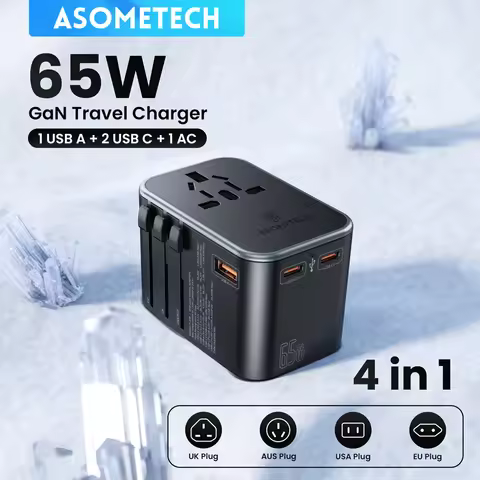 ASOMETECH 65W GaN International Travel Adapter PD3.0 QC3.0 PPS 3 USB GaN Fast Charging Adapter with 