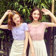 🌸Sisters🌸 Korean Single-Breasted Slim Solid Color Short-Sleeved T-shirt Women's Tops