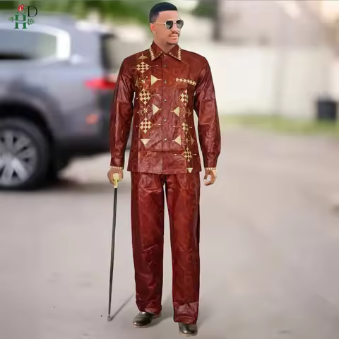 H&D African Mens Clothing Traditional Ankara Dashiki Men Shirt Embroidery 2 Piece Shirt Trousers Fas