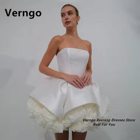 Verngo Strapless Zipper Short Prom Gown Bone 3D Flower Wedding Party Dress Satin Mini Evening Dress 