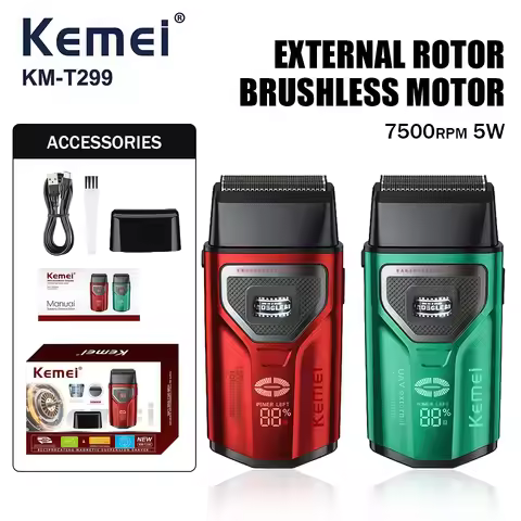 Kemei Beard Trimmer Professional Double Foil Shaver LCD Display Shaver External Rotor Brushless Moto