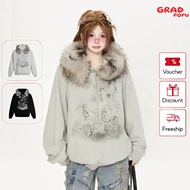 GRADPOPU women's cardigan with fur collar and Y2K striped pattern with zipper, hot girl style AK117