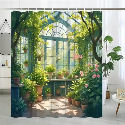 1pc Lush Greenhouse Garden Shower Curtain with Sunlit Glass Ceiling & Vibrant Flowers - Watercolor B