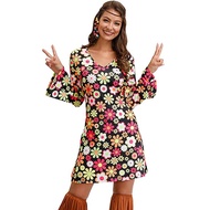 60s 70s Retro Outfit For Women Dress Hippie Costume Disco Flower Dress Halloween Purim Carvinal Part