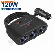 Kebidumei 120W Car Charger Adapter 12V 24V 3 Socket Splitter Dual USB LED Car Fast Charger For Phone Pad Dashcam