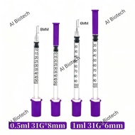[ Ready Stock ] AI BioTech Purple Ultra Fine Disposable Syringe – 0.5mL / 1mL | 31G 6mm / 8mm | 100p