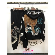 ED ED Hardy Street Wear Printed Hot Diamond Leopard Fleece Hooded Cardigan Jacket Jacket Trousers Me