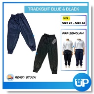 Seluar Trek Sukan Kaki Getah Biru & Hitam Kain Tricot Tracksuit Sekolah Kosong Budak Dewasa Kain Teb