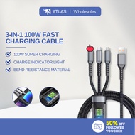 ATLAS Kabel Pengecasan 3-dalam-1 100W 6A Kabel Pengecas Cepat USB Mikro Pengecas Pantas Menenun Kabe