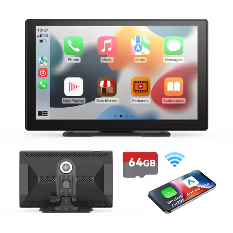 9 Inches Portable Wireless CarPlay with 4K Dash Cam with 64G TF Card, Wireless Android Auto Car Play